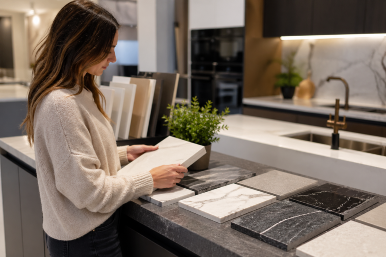 Woman choosing kitchen worktop samples in modern showroom with stone and marble surfaces