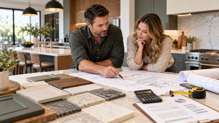 Couple reviewing kitchen renovation plans, material samples and cost estimates in a modern kitchen
